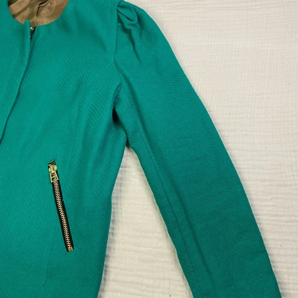 MNG Suit Green Blazer Jacket Gold Accents Size Large Classic Preppy Full Zip